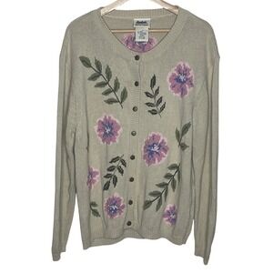 Northern Reflections Floral‎ Embroidered Knit Cardigan Sweater Large